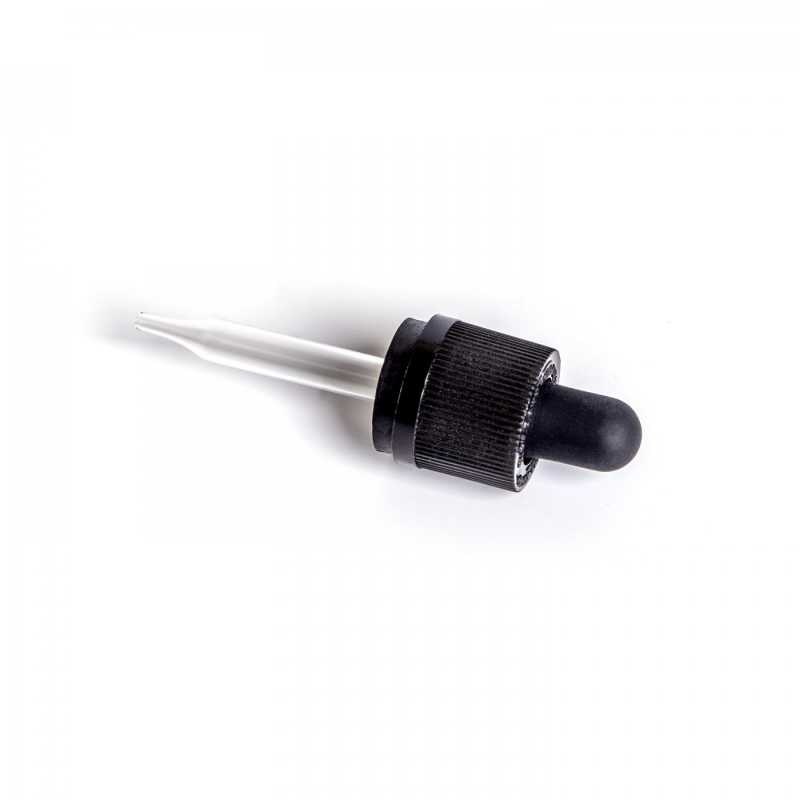 Sklenené čierne kvapátko s detskou poistkou ukončené pipetou, vhodné na fľašku s priemerom hrdla 18 mm a objemom 10 ml.Dĺžka sklenenej tuby: 52 mmMate