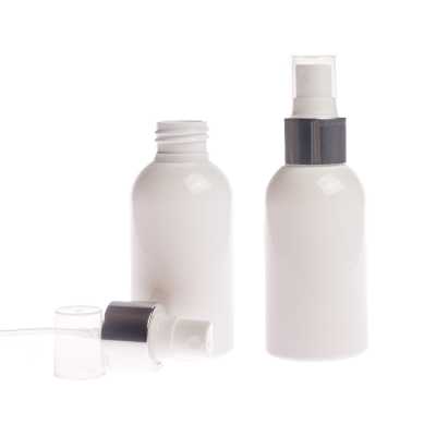 Plastová fľaša biela, biely rozprašovač, strieborná lesklá obruč, 100 ml