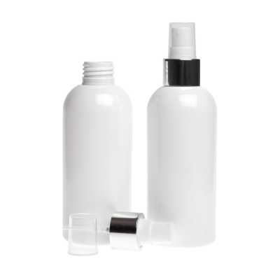 Plastová fľaša biela, biely rozprašovač, strieborná lesklá obruč, 200 ml