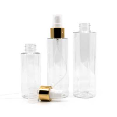 Plastová fľaša priehľadná, biely rozprašovač, zlatá lesklá obruč, 100 ml