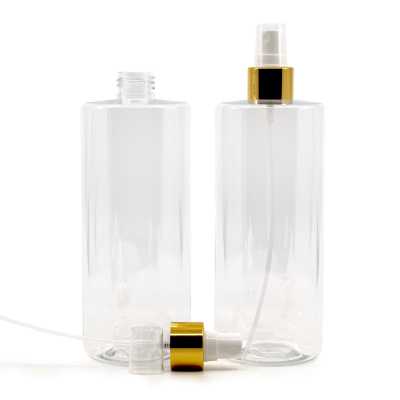 Plastová fľaša, priehľadná, biely rozprašovač, zlatá lesklá obruč, 500 ml