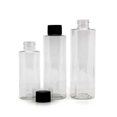 Plastová fľaša, priehľadná, čierny vrúbkovaný vrchnák, 200 ml
