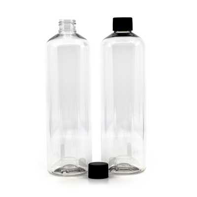 Plastová fľaša, priehľadná oblá, čierny vrúbkovaný vrchnák, 500 ml