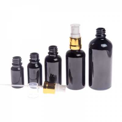 Sklenená fľaška, čierna lesklá, bielo-zlatý rozprašovač, 10 ml