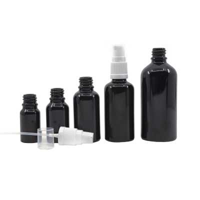 Sklenená fľaška, čierna lesklá, biely dávkovač, 100 ml