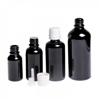 Sklenená fľaška, čierna lesklá, biely vrchnák s kvapátkom, 100 ml