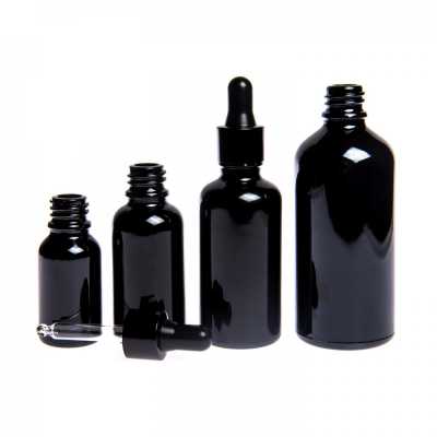 Sklenená fľaška, čierna lesklá, čierne lesklé kvapátko, 10 ml