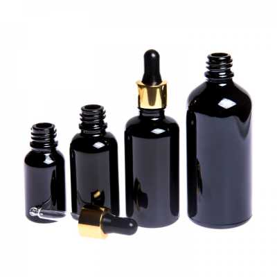 Sklenená fľaška, čierna lesklá, čierno-zlaté kvapátko, 100 ml