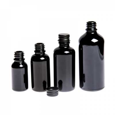 Sklenená fľaška, čierna lesklá, čierny hliníkový vrchnák, 100 ml