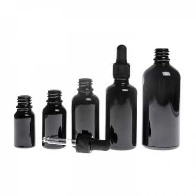 Sklenená fľaška, čierna lesklá, matné čierne kvapátko, 10 ml
