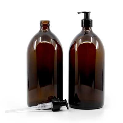 Sklenená fľaška, liekovka, 28 mm, čierny hladký dávkovač, 1 l