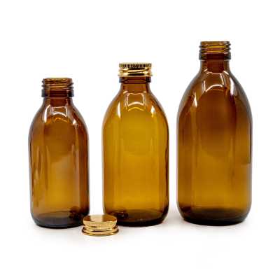 Sklenená fľaška, liekovka, 28 mm, hliníkový vrchnák zlatý, 200 ml