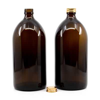 Sklenená fľaška, liekovka, 28 mm, zlatý vrchnák, 1 l