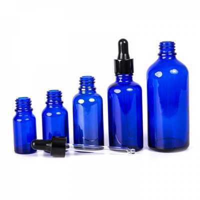 Sklenená fľaška, modrá, čierne lesklé kvapátko, 10 ml