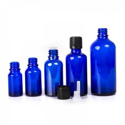 Sklenená fľaška, modrá, čierny vrchnák s kvapátkom, 100 ml