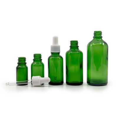 Sklenená fľaška, zelená, biele matné kvapátko, 15 ml