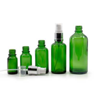 Sklenená fľaška, zelená, bielo-strieborný lesklý dávkovač, 10 ml