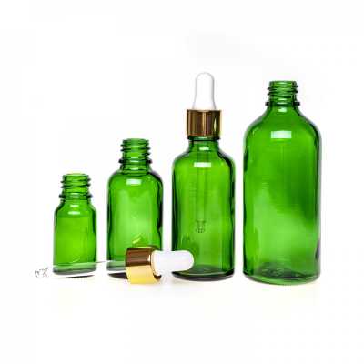 Sklenená fľaška, zelená, bielo-zlaté kvapátko, 30 ml