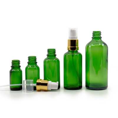 Sklenená fľaška, zelená, bielo-zlatý lesklý dávkovač, 30 ml
