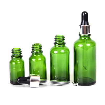Sklenená fľaška, zelená, čierno-strieborné kvapátko, 10 ml