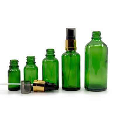 Sklenená fľaška, zelená, čierno-zlatý lesklý dávkovač, 10 ml