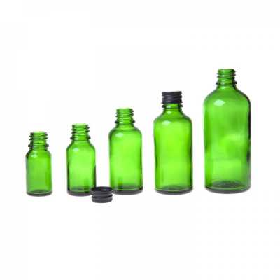 Sklenená fľaška, zelená, čierny hliníkový vrchnák, 10 ml