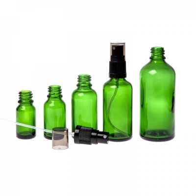 Sklenená fľaška, zelená, čierny rozprašovač, dymový vrch, 10 ml