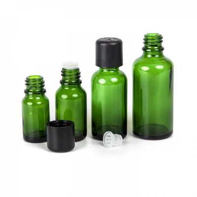 Sklenená fľaška, zelená, čierny vrchnák s poistkou, 10 ml