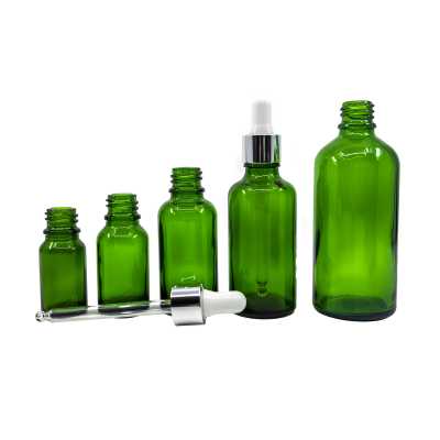 Sklenená fľaška, zelená, strieborné kvapátko, 15 ml
