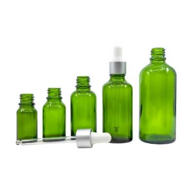 Sklenená fľaška, zelená, strieborné matné kvapátko,  50 ml
