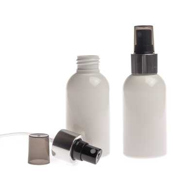 Plastová fľaša biela s čiernym rozprašovačom, strieborná lesklá obruč, 150 ml