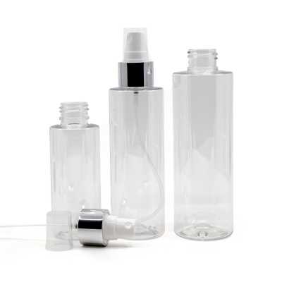 Plastová fľaša, priehľadná, biely rozprašovač, strieborná lesklá obruč, 150 ml