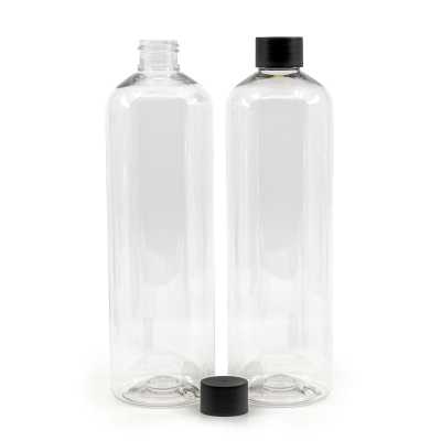 Plastová fľaša, priehľadná oblá, čierny vrchnák, 500 ml