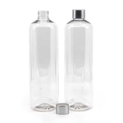 Plastová fľaša, priehľadná oblá, strieborný vrchnák, 500 ml