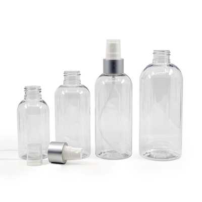 Plastová fľaša priehľadná okrúhla, biely rozprašovač, strieborná matná obruč, 100 ml