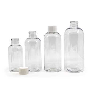 Plastová fľaša priehľadná okrúhla, biely vrchnák, 100 ml