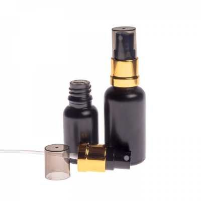 Sklenená fľaška, čierna matná, čierno-zlatý rozprašovač, dymový vrch, 15 ml
