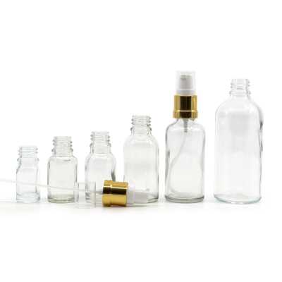 Sklenená fľaška, priehľadná, bielo-zlatý lesklý dávkovač, 100 ml