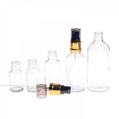 Sklenená fľaška, priehľadná, čierno-zlatý rozprašovač, dymový vrch, 30 ml