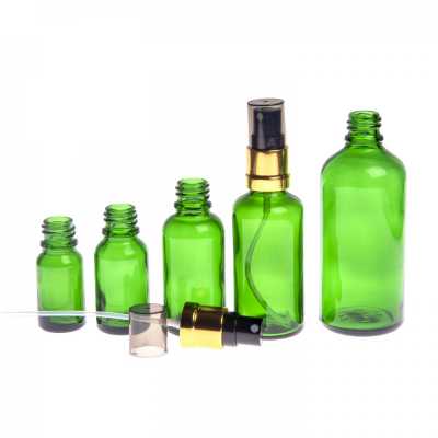 Sklenená fľaška, zelená, čierno-zlatý rozprašovač, dymový vrch, 10 ml