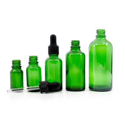 Sklenená fľaška, zelená, matné čierne kvapátko, 30 ml