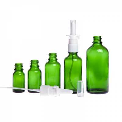 Sklenená fľaška, zelená, sprej do nosa, 15 ml